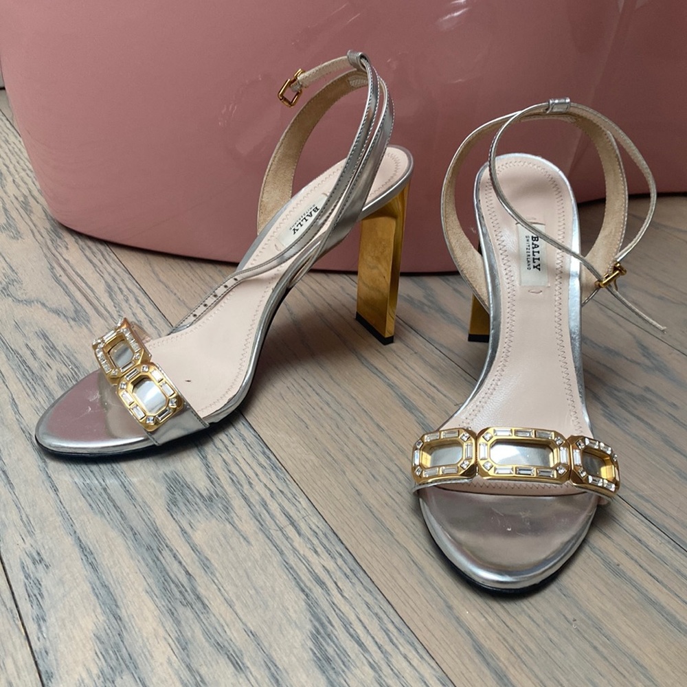 Bally Silver Sandal with Embellished Strap Sz39